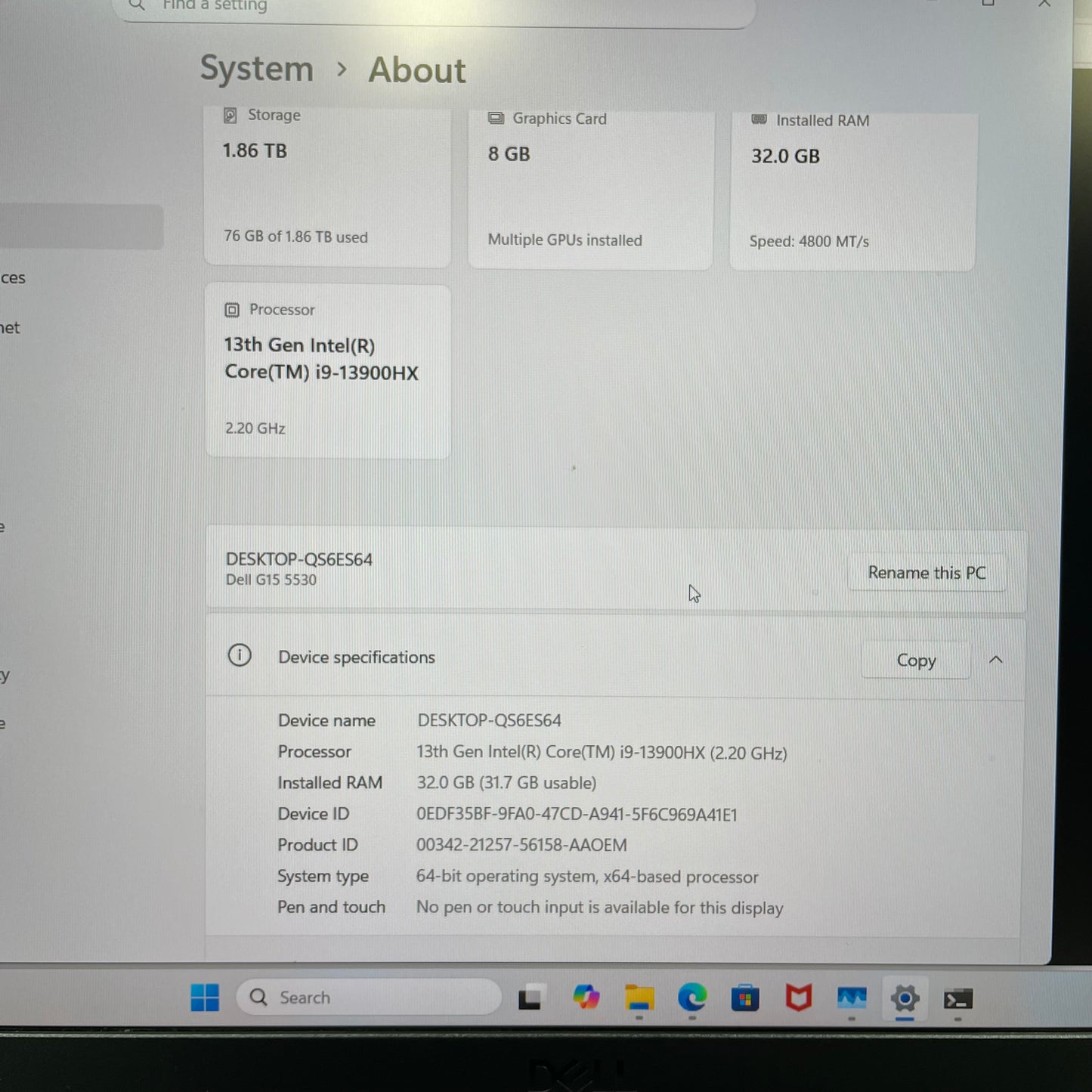 Dell G15 5530 15.6" i9-13900HX 2.2GHz 32GB RAM 1TB SSD 1TB SSD GeForce RTX 4060